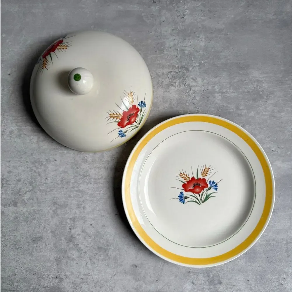 Vintage Arabia Suomi Finland Kesa Cheese Butter Dish Mid Century MCM Red Poppy